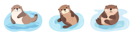 Set of cute cartoon otters on the water. Vector illustration.のイラスト素材