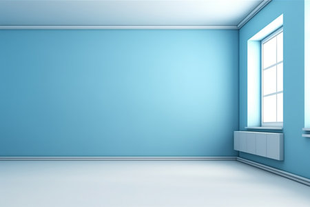Blue empty room with window and blue wall, 3d render illustrationの素材