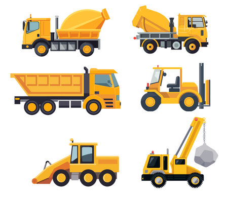 Set of construction machinery and equipment icons in flat style. Vector illustration.のイラスト素材