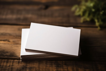 Blank business cards on wooden background. Mockup for branding identity.の素材