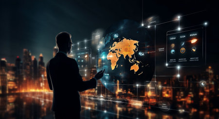 Businessman against night city background using global network interface 3D renderingの素材