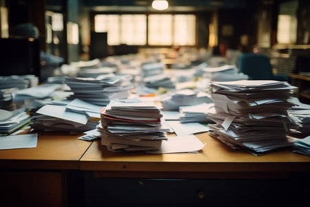 Pile of unfinished documents on office desk, Stack of business paperの素材