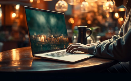 Man working on a laptop in a cafe. Close-up shotの素材