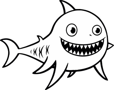 Black and White Cartoon Illustration of Funny Shark for Coloring Bookのイラスト素材