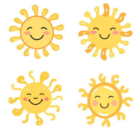 Set of cute smiling suns isolated on white background. Vector illustration.のイラスト素材
