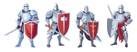 Knight in armor with sword and shield. Medieval warrior, knight in armor and armor. Vector illustrationのイラスト素材