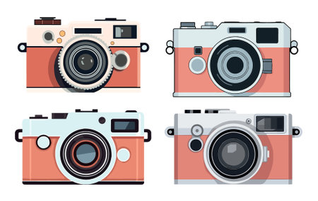 Set of retro cameras. Vector illustration isolated on white background. Flat style.のイラスト素材