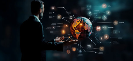 Global connection and internet of things concept with businessman holding globe in his handsの素材