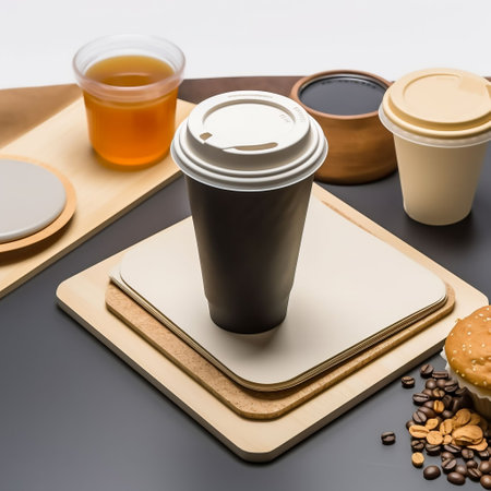 Coffee cup and coffee beans on black table with copy spaceの素材