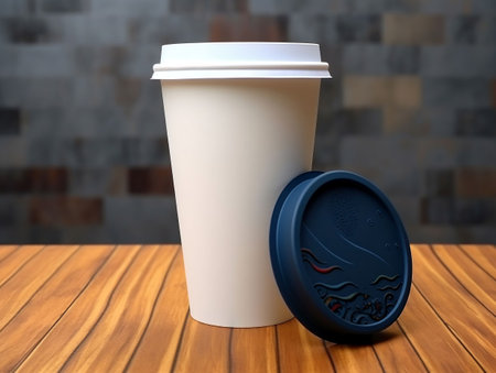 Takeaway coffee cup on wooden table. 3d rendering. Mock up.の素材