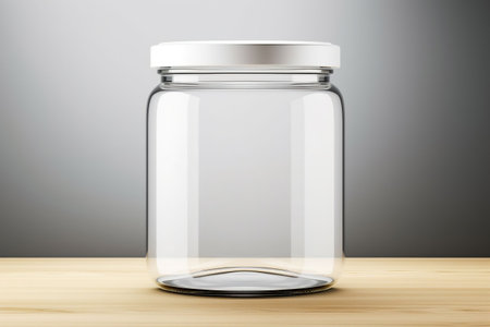 Empty glass jar on wooden table over gray background. 3d renderの素材