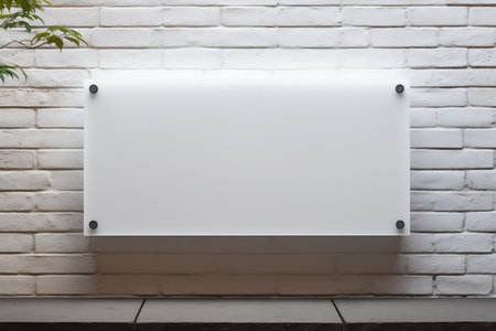 Blank white board on white brick wall background with copy space.の素材