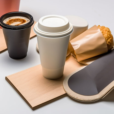 Coffee to go in takeaway paper cup on white background.の素材