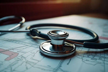 Stethoscope on the background of a blueprint. Medical equipment.の素材