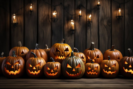 Halloween pumpkins on wooden background, jack o lanterns.の素材