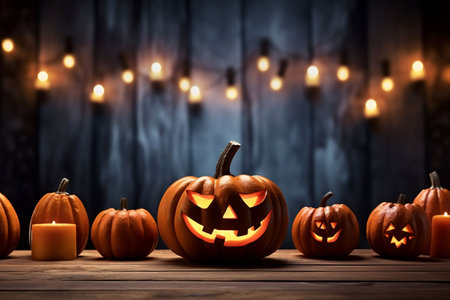 Halloween pumpkins on wooden background. Jack o lanterns and candlesの素材