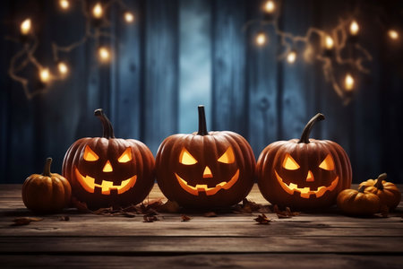 Halloween pumpkins on a wooden background with bokeh lightsの素材