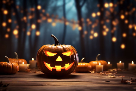 Halloween pumpkin head jack o lantern on wooden table in dark forestの素材