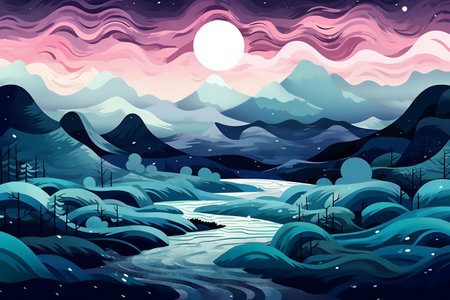 Night landscape with river and mountains. Vector illustration in cartoon style.の素材