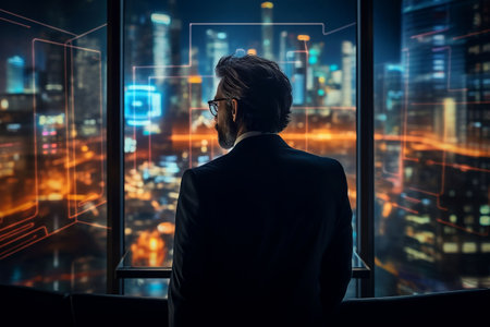 Back view of young businessman looking at night city and network hologramの素材