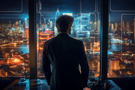 Rear view of businessman looking at night city through the window.の素材