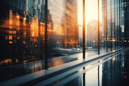 Glass wall of a modern office building at sunset. 3d renderingの素材