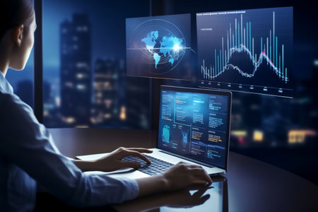 Side view of businesswoman working on laptop at table with double exposure of night city and financial chart. Concept of trading online. Toned imageの素材