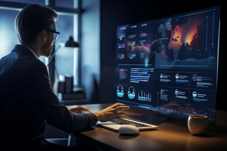 businessman working with computer in dark office at night. multiple exposureの素材