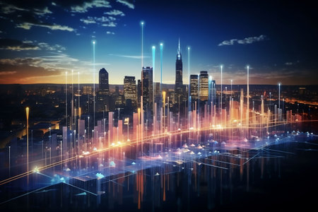 Cityscape with glowing financial charts. 3d rendering toned image double exposureの素材
