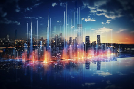 Double exposure of business chart and cityscape at night. 3D renderingの素材