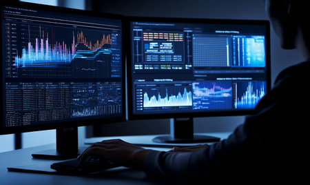Side view of hacker using computer with glowing forex charts on screenの素材