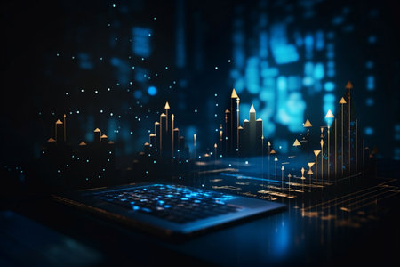 Laptop with glowing business chart on dark background. Finance and trade concept. Double exposureの素材