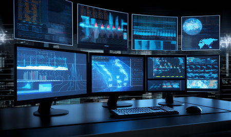 Computer monitors with stock market data on screen at night. 3D renderingの素材
