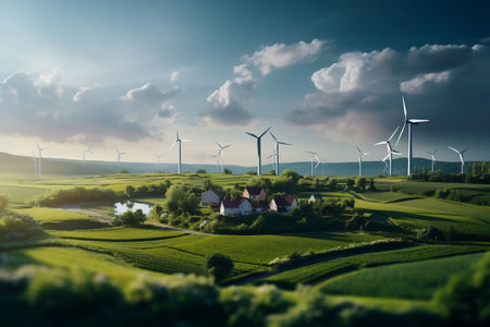 Wind turbines in the countryside. Renewable energy concept. 3D Renderingの素材