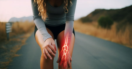 Female athlete suffering from knee pain while running on a rural road.の素材