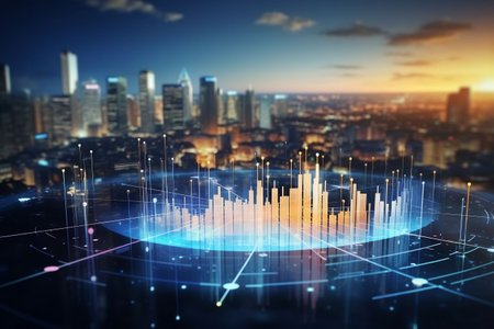 Abstract glowing business chart interface over night city background. Finance and trade concept. Double exposureの素材