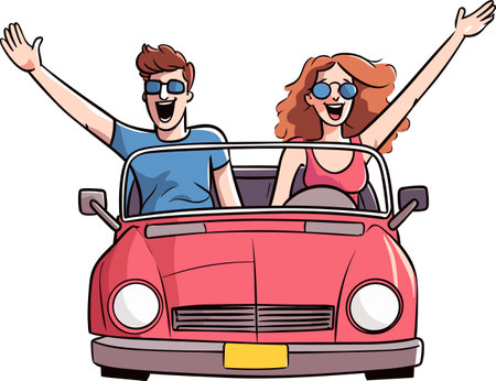 Illustration of a happy couple driving a retro car on isolated white backgroundのイラスト素材