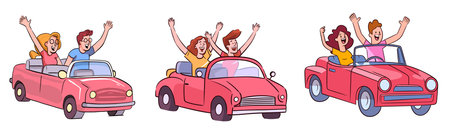 Set of happy young people in cabriolet. Vector illustration.のイラスト素材