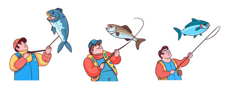 Fisherman with a fishing rod. Vector illustration in cartoon styleのイラスト素材