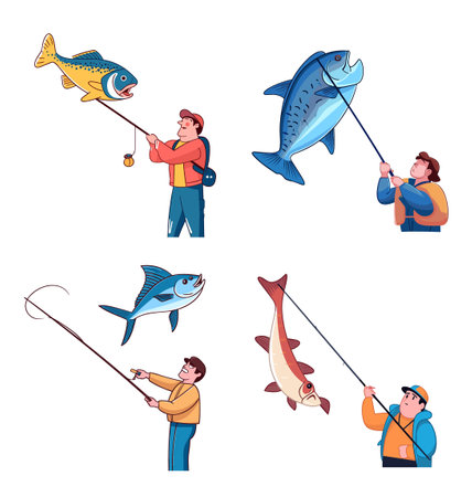 Fisherman cartoon character fishing with rod and fish. Vector illustrationのイラスト素材