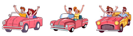 Set of happy people in retro cabriolet. Vector illustration.のイラスト素材
