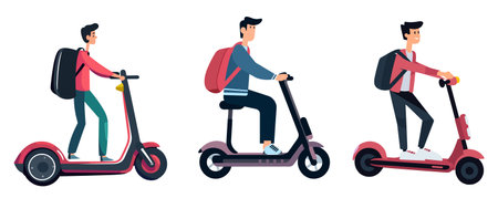 Set of young man riding electric scooter. Vector illustration in flat styleのイラスト素材