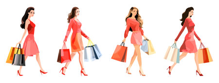 Set of beautiful young women with shopping bags. Vector illustration in cartoon style.のイラスト素材