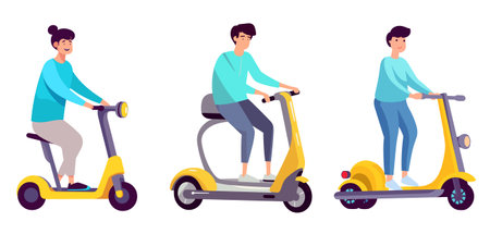 Woman riding electric scooter. Vector illustration in flat cartoon style.のイラスト素材