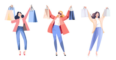 Set of women with shopping bags. Vector illustration in cartoon style.のイラスト素材