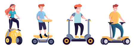 Set of people riding electric scooters. Vector illustration in flat styleのイラスト素材
