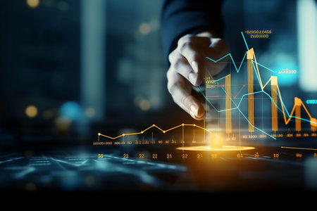 Close up of businessman hand touching with finger virtual panel with infographsの素材