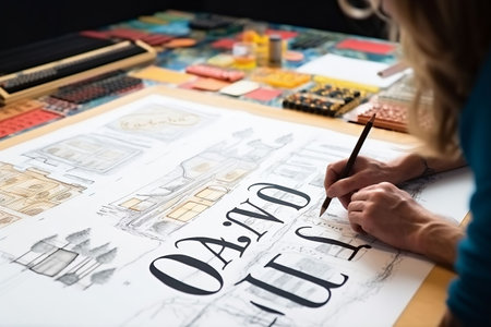 Close-up of a female designer drawing an architectural sketch of a houseの素材