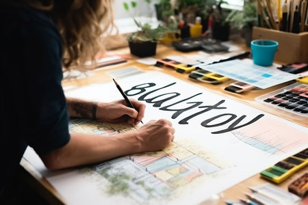 cropped view of graphic designer drawing blackboard lettering on tableの素材