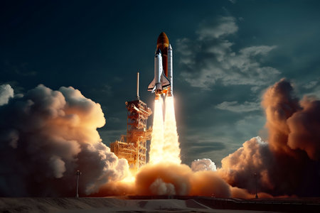 Space rocket taking off into the night sky. 3D rendering.の素材